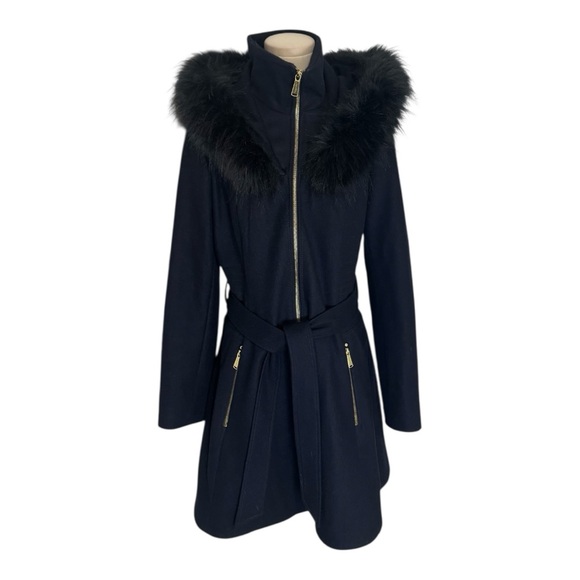 Laundry by Shelly Segal Wool Blue Black Faux Fur Trim Skirted Coat Jacket Hood M - Picture 3 of 15